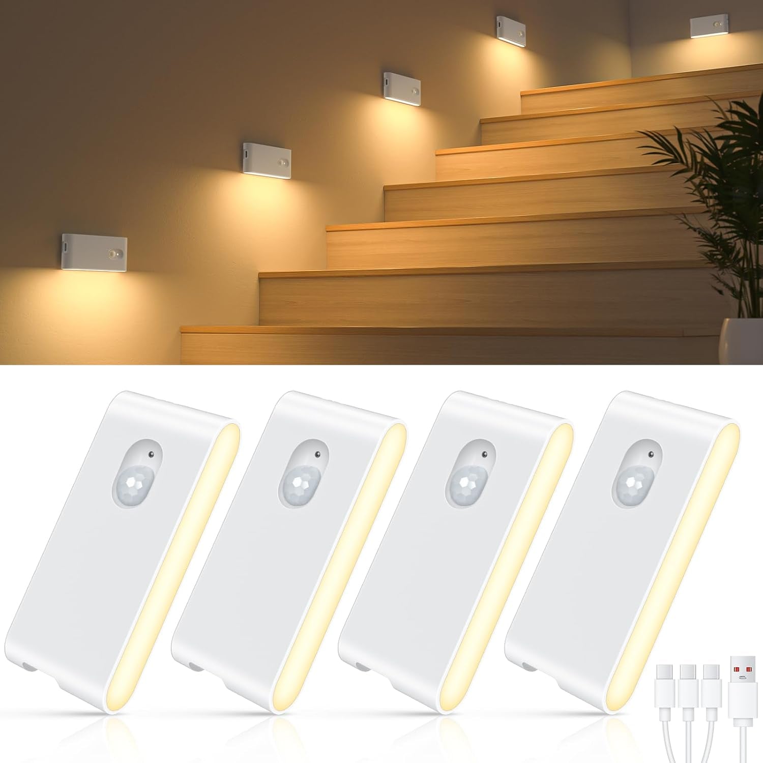 Motion Sensor Night Light, USB Rechargeable Night Light, Wireless Motion Sensor Light Indoor (Auto/On/Off), Magnetic Stick on Lights for Wardrobe, Hallway, Stairs, Bedroom, Kids' Room(4-Pack)