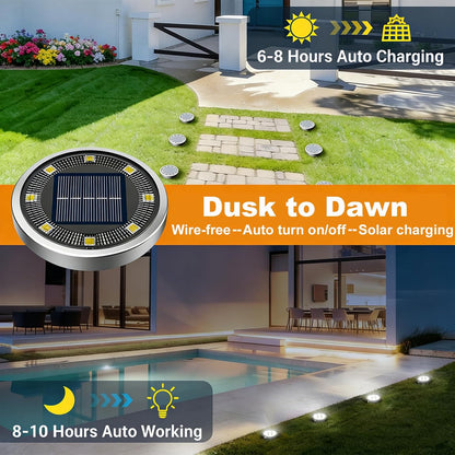 Illuminate Your Outdoors with Harloon Solar Ground Lights - 8 LED Waterproof Disc Lights for Pathways and Gardens (Warm White, 4 Pack)