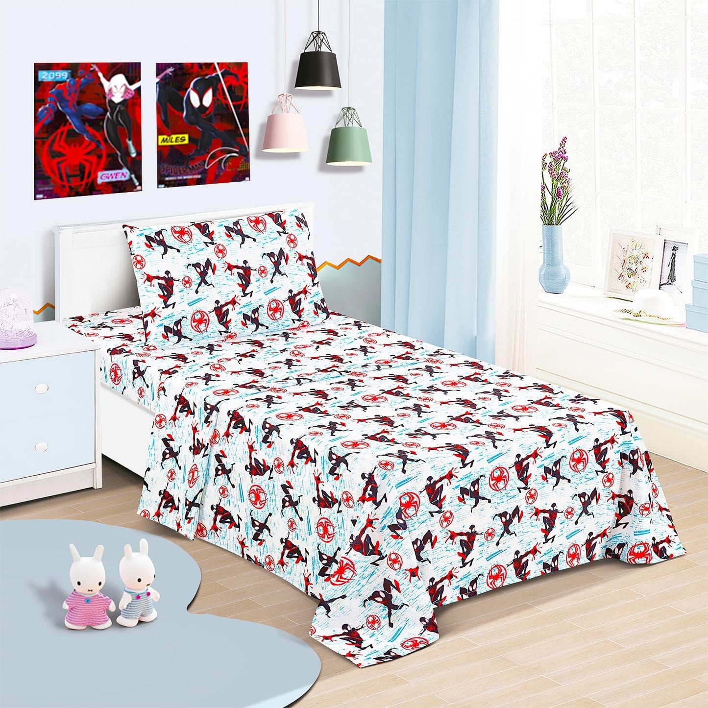 Miles Morales Bedding Set - Spiderman Bedroom Decor Bundle of Spiderverse Bedspread, Flat & Fitted Sheet, Pillowcase for Twin Bed, More
