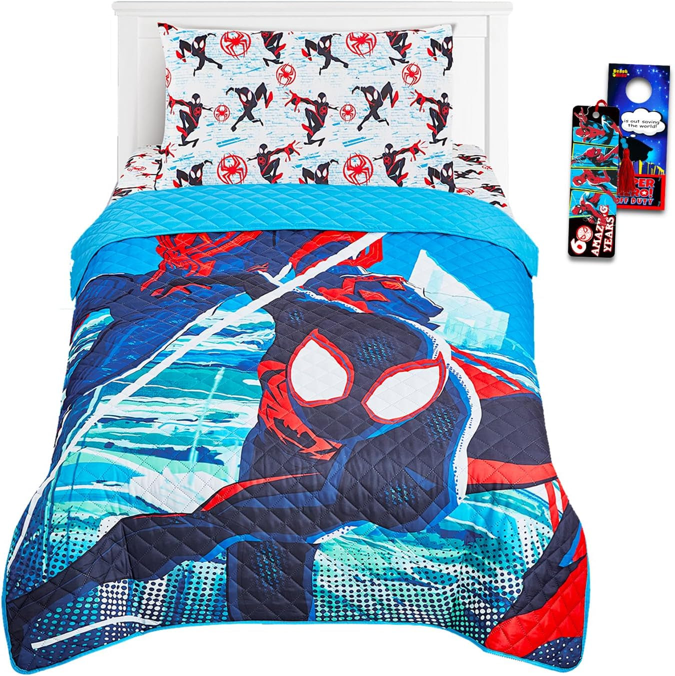 Miles Morales Bedding Set - Spiderman Bedroom Decor Bundle of Spiderverse Bedspread, Flat & Fitted Sheet, Pillowcase for Twin Bed, More