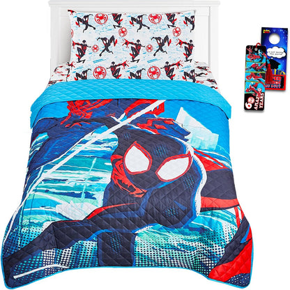 Miles Morales Bedding Set - Spiderman Bedroom Decor Bundle of Spiderverse Bedspread, Flat & Fitted Sheet, Pillowcase for Twin Bed, More