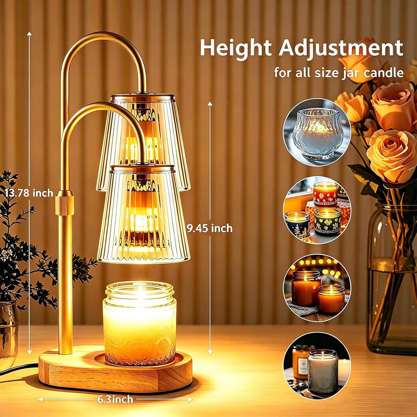 Candle Warmer Lamp with Timer Dimmable,Height Adjustable Candles Warmer for Jar Candles with 2 Bulbs, Electric Wax Melt Lamp for House Warming Gifts New Home Decor