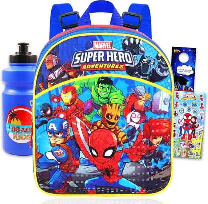 Spidey and Friends Mini Backpack Set - Bundle of 11" School Bag, Water Bottle, Button, Stickers, More | Spiderman Small Backpack for Toddlers Kids