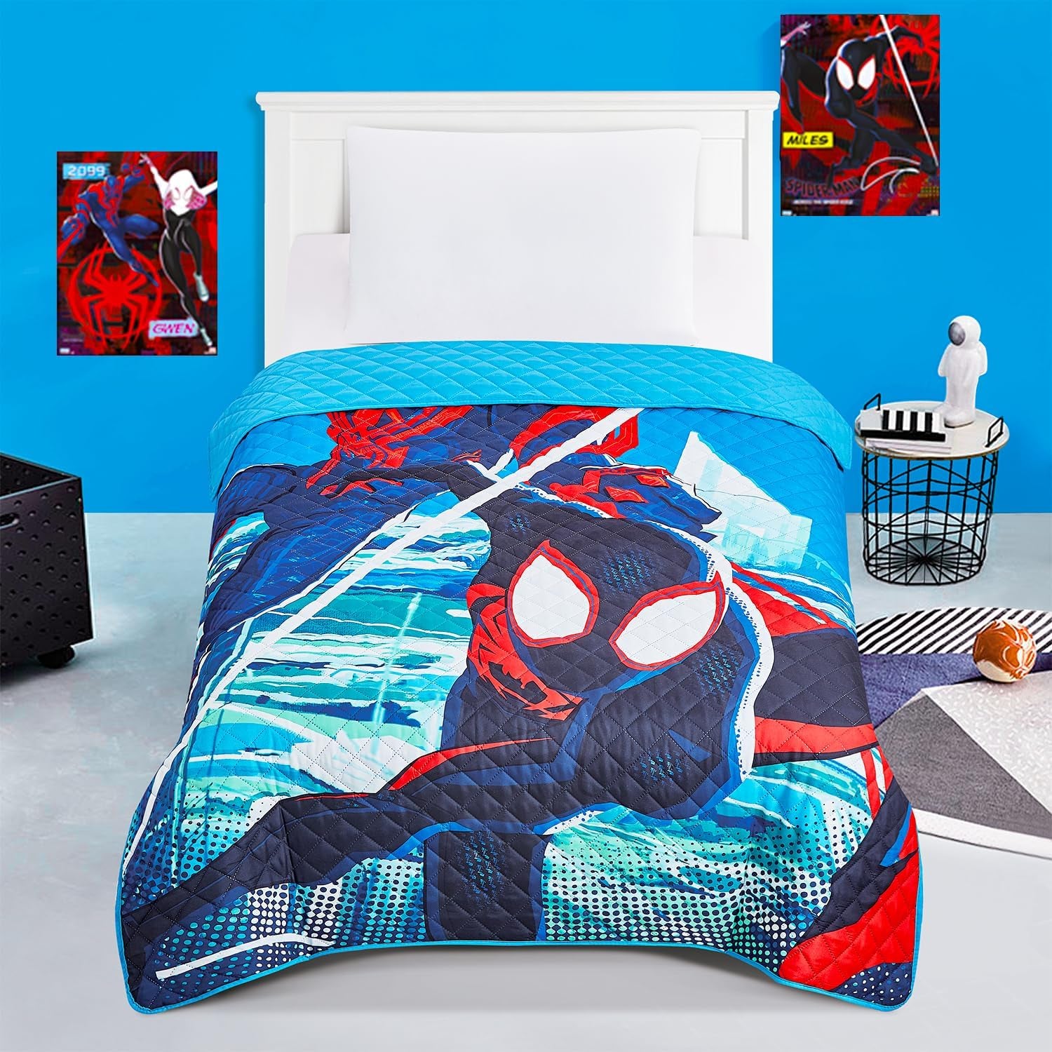Miles Morales Bedding Set - Spiderman Bedroom Decor Bundle of Spiderverse Bedspread, Flat & Fitted Sheet, Pillowcase for Twin Bed, More