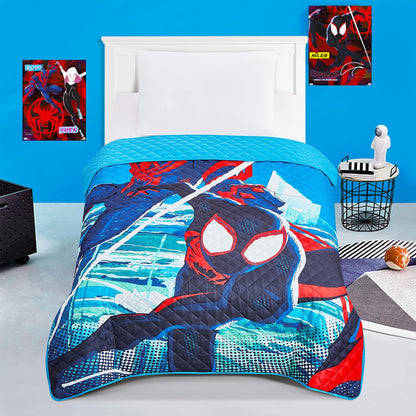 Miles Morales Bedding Set - Spiderman Bedroom Decor Bundle of Spiderverse Bedspread, Flat & Fitted Sheet, Pillowcase for Twin Bed, More