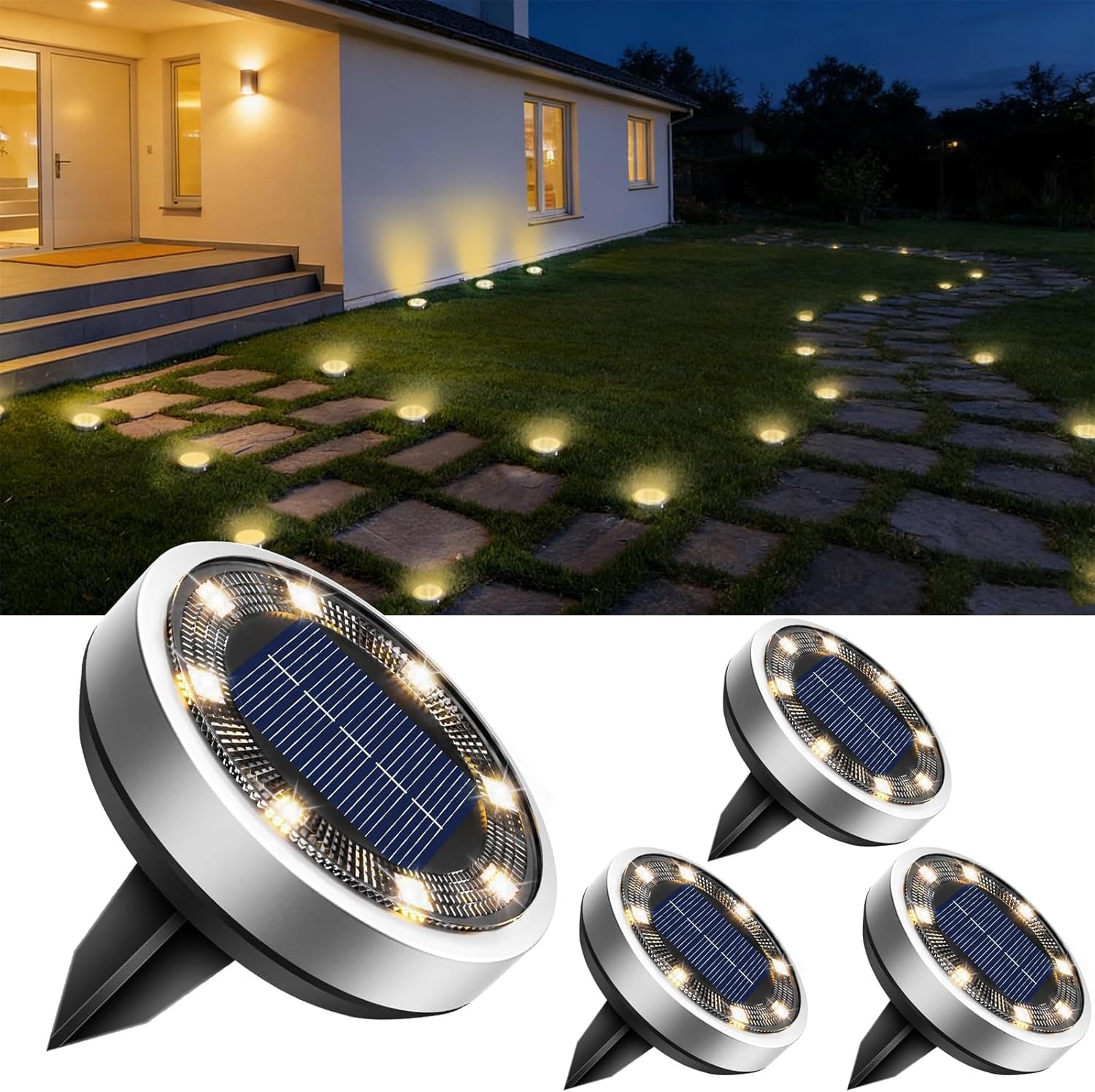 Illuminate Your Outdoors with Harloon Solar Ground Lights - 8 LED Waterproof Disc Lights for Pathways and Gardens (Warm White, 4 Pack)