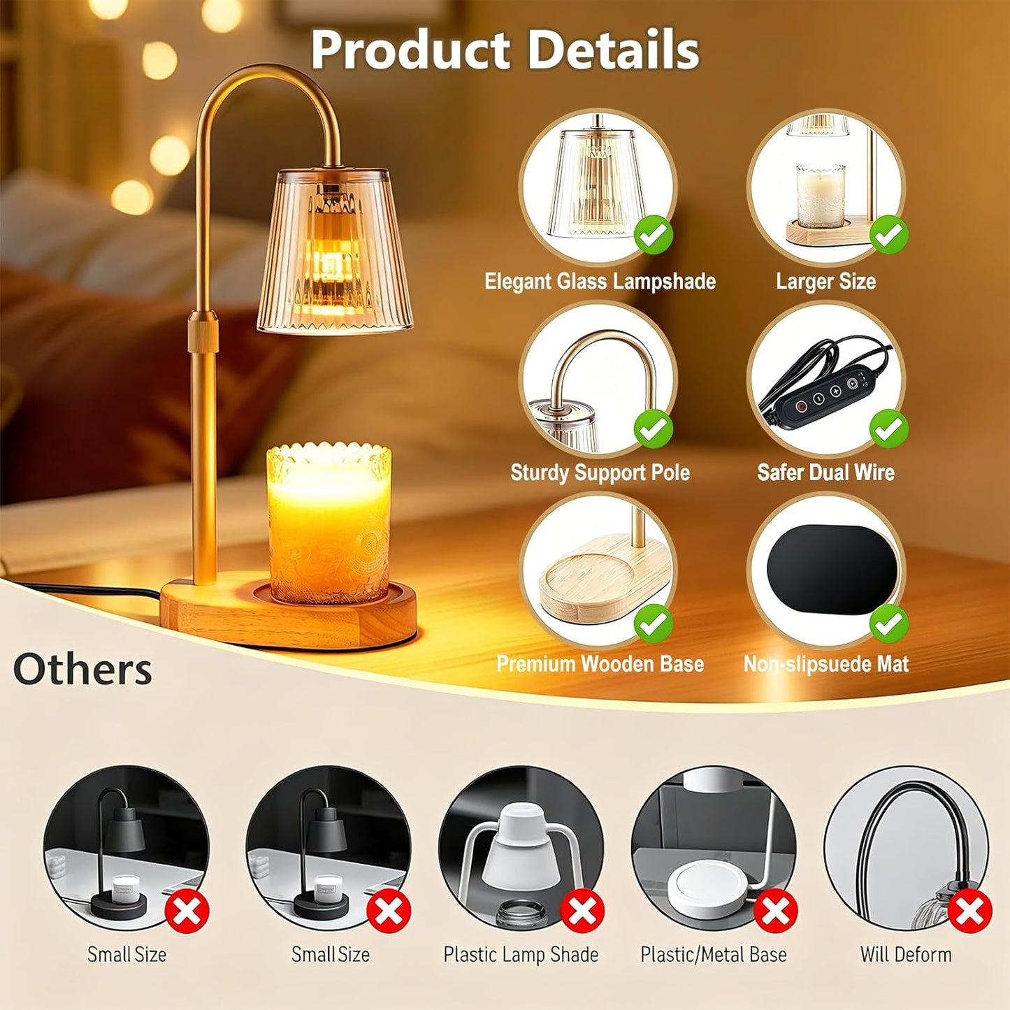 Candle Warmer Lamp with Timer Dimmable,Height Adjustable Candles Warmer for Jar Candles with 2 Bulbs, Electric Wax Melt Lamp for House Warming Gifts New Home Decor
